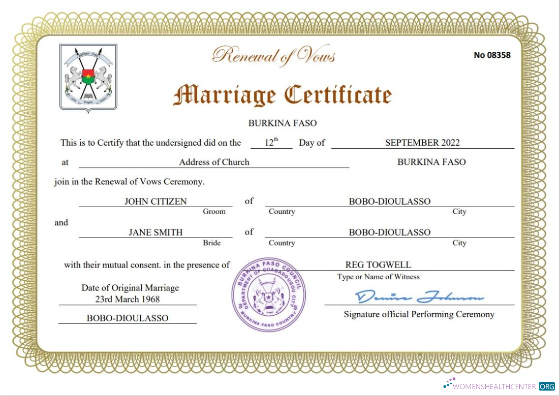 Download Burkina Faso marriage certificate Word and PDF template Photoshop template